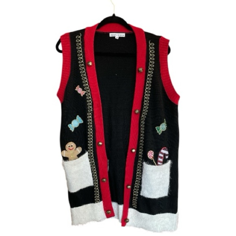 Mesh + Lace Holiday-Themed Black and Red Sweater Vest Ugly Christmas Sweater M